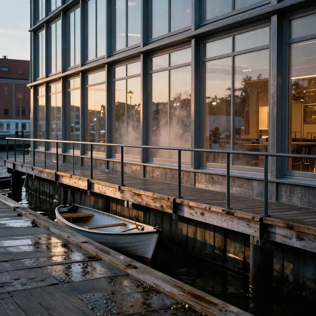 Rostocker Hafenloft mit warmem Innenlicht, Holzterrasse und kleinem Boot im Abenddunst