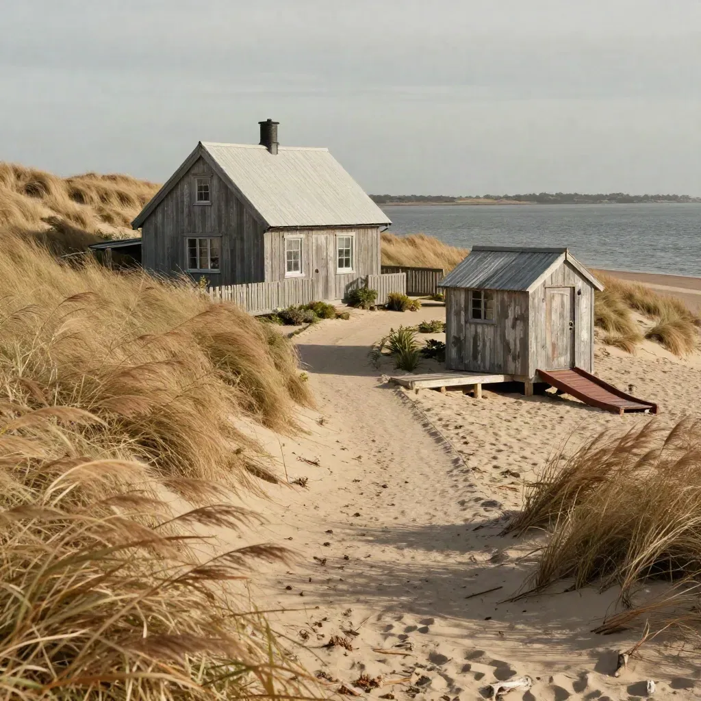 Reetumsäumter Gartenweg zu einem Familienhaus am Bodden mit Bootshaus und kleinem Steg im Wind.