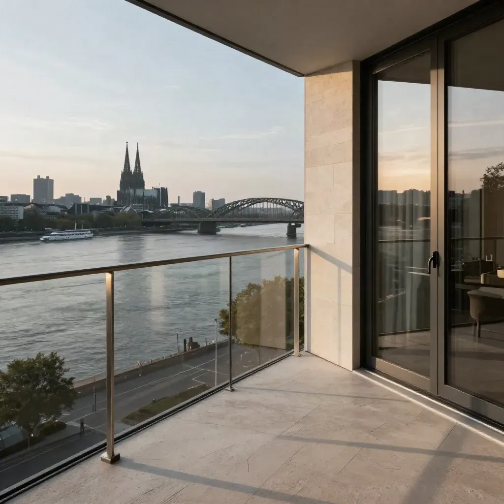 Rheinblick von Kölns Balkon mit Brücke, Skyline und Abendverkehr im Dunst.