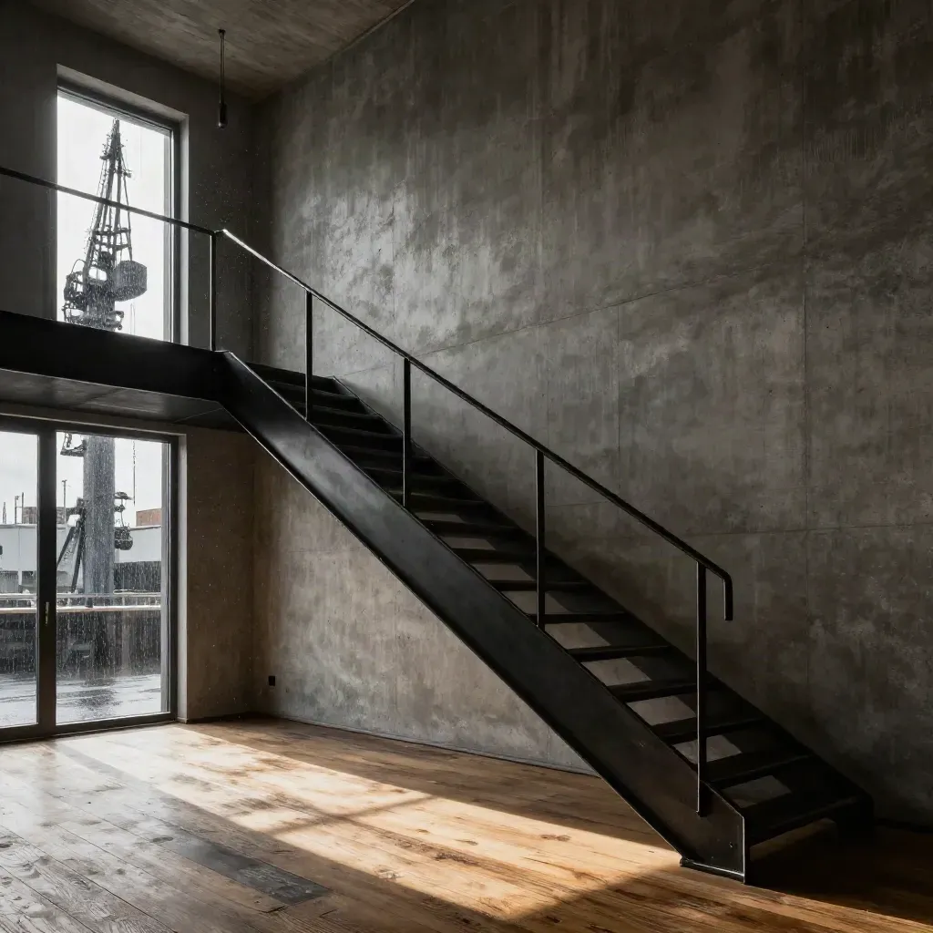 Blick steil die Treppe eines Hafen-Lofts hinauf, Sonnenstreifen auf Beton und Stahl.
