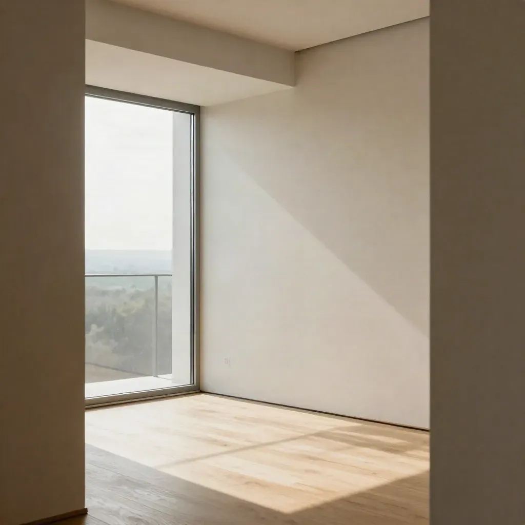 Helles Neubau-Interieur mit Sonne auf hellem Boden und Balkonlinie