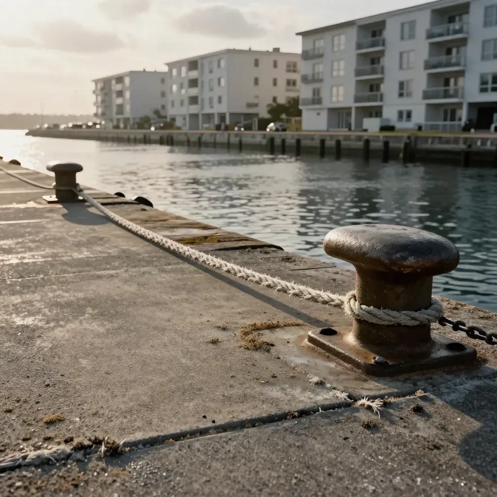 Bollards und Leinen am Kai vor neuen Wohnungen im Hafenlicht.